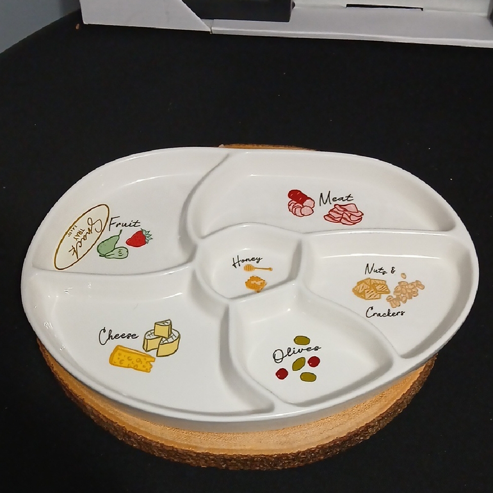 New! Divided Ceramic Snack Tray / Platter with Food Illustrations NWT